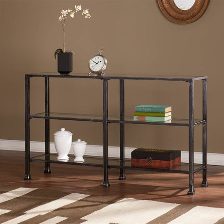 CM8771 Distressed Black Metal 3-Tier Console Table with Glass Top