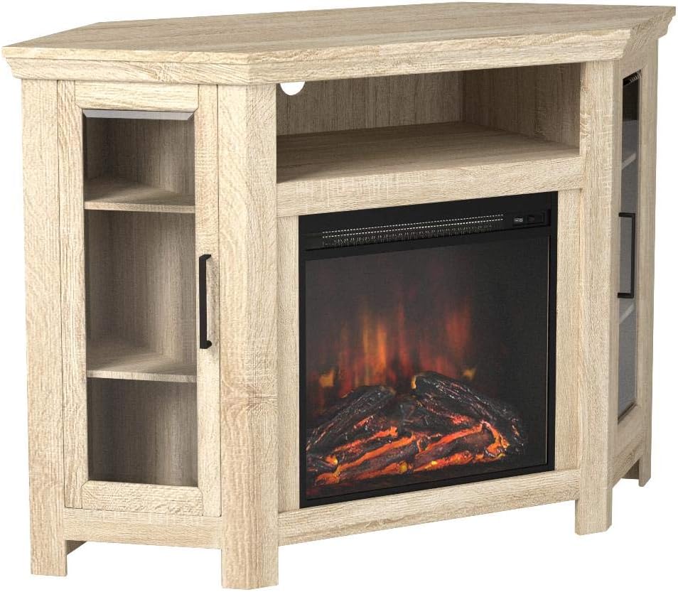 Classic Glass Door Fireplace Corner TV Stand for TVs up to 55 Inches, 48 Inch, White Oa