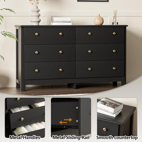 HOUROM Black Dresser for Bedroom, Modern 6 Drawer Double Dresser for Kids with Gold Pulls, Dressers & Chests of Drawers, 6 Drawer Dressers