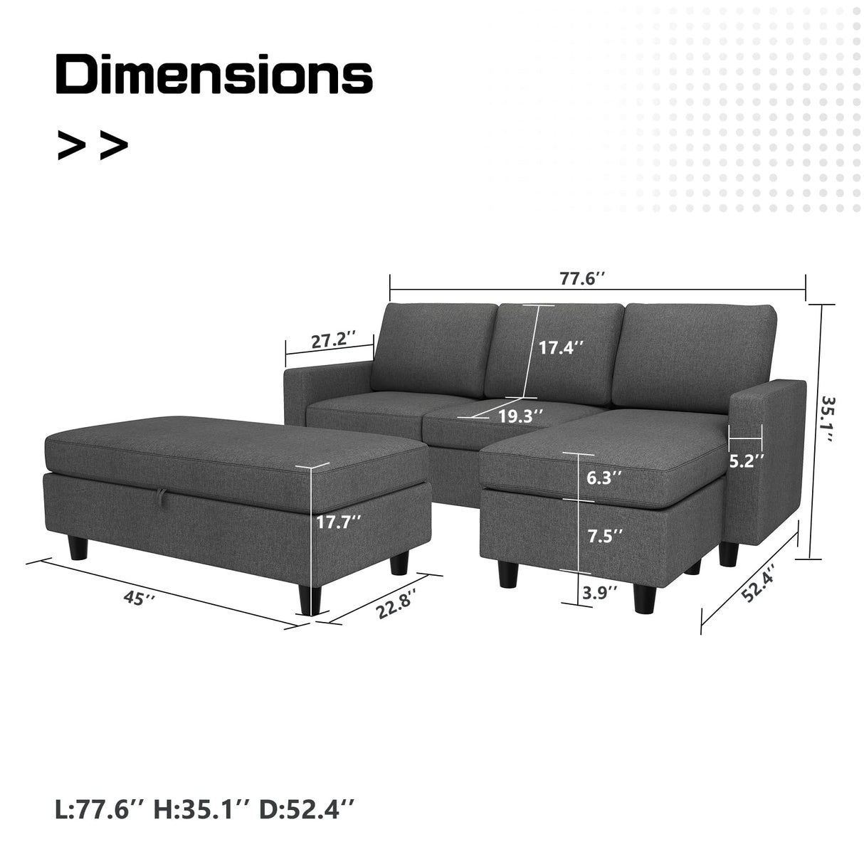 Reversible Sectional Couch with Ottoman L-Shaped Sofa for Small Spaces Sectional Sofa