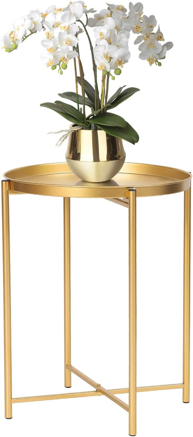 Tray Metal End Table, Gold Round Foldable Side Table Small Decorative Sofa Snack Coffee