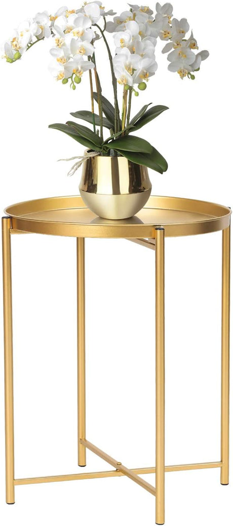 Tray Metal End Table, Gold Round Foldable Side Table Small Decorative Sofa Snack Coffee