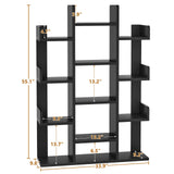 Tree-Shaped Bookcase Storage Shelf with 13 compartments, Books Organizer Display Cube Shelves, Industrial Free Floor Standing Wood Open Bookshelves, Black