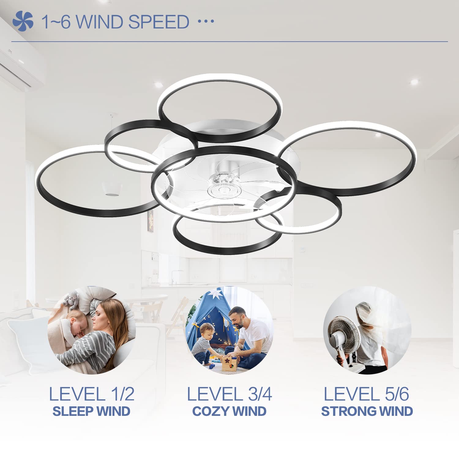 SNOWUNDER 41" Modern Ceiling Fan with Light, Flush Mount Celing Fan with Led Light and Remote Control for Living Room，Tri-Color Light 6-Speed Wind