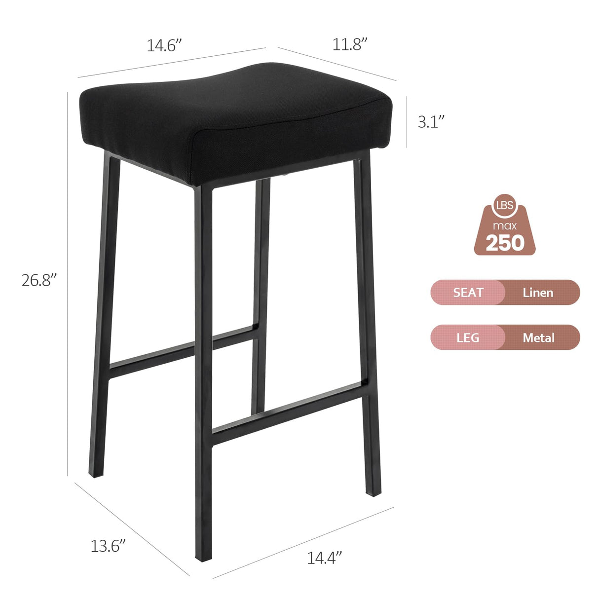 Counter Height Bar Stools Set of 2, 27 Inch Backless Saddle Bar Stools