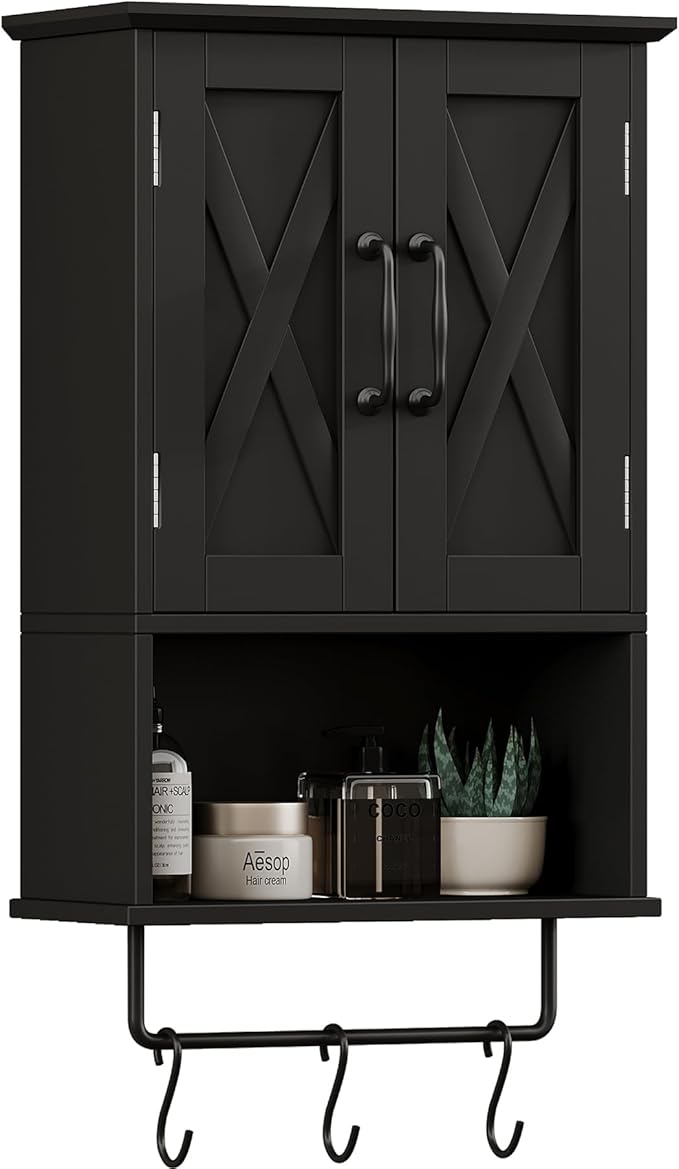 Farmhouse Medicine Cabinet, Bathroom Wall Cabinet with Adjustable Shelf, Towel Bar
