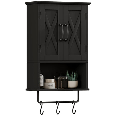 ChooChoo Farmhouse Medicine Cabinet, Bathroom Wall Cabinet with Adjustable Shelf, Towel Bar, 3 Hooks, Over The Toilet Storage Cabinet for Bathroom, Kitchen, 19.3''L, Black