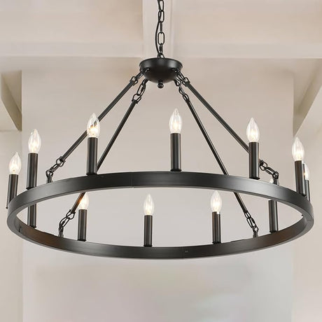 70 Inch Extra Large Wagon Wheel Chandelier 2 Tier 64-Lights Black Farmhouse Pendant