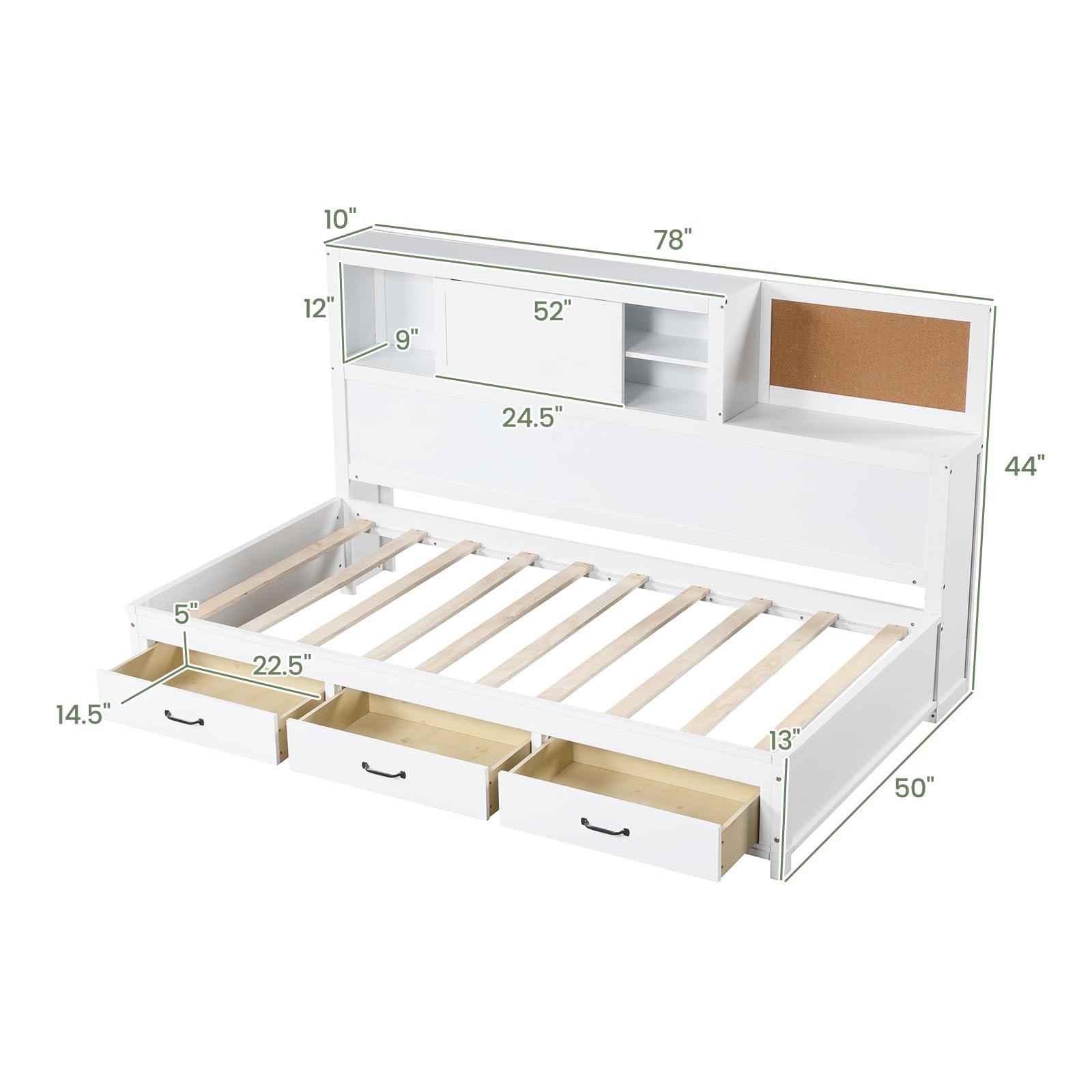 Storage, Wooden Day Bed with 3 Storage Drawers, Shelves, Cork Board & Sliding Door,