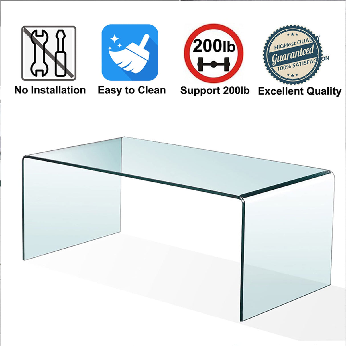 Glass Coffee Table, Modern Tempered Clear Coffee Tables Decor for Living Room,