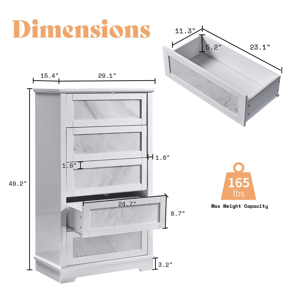 49.2" H Natural Marble 5 Drawer Dresser, High-Gloss Chest of Drawers No Handles