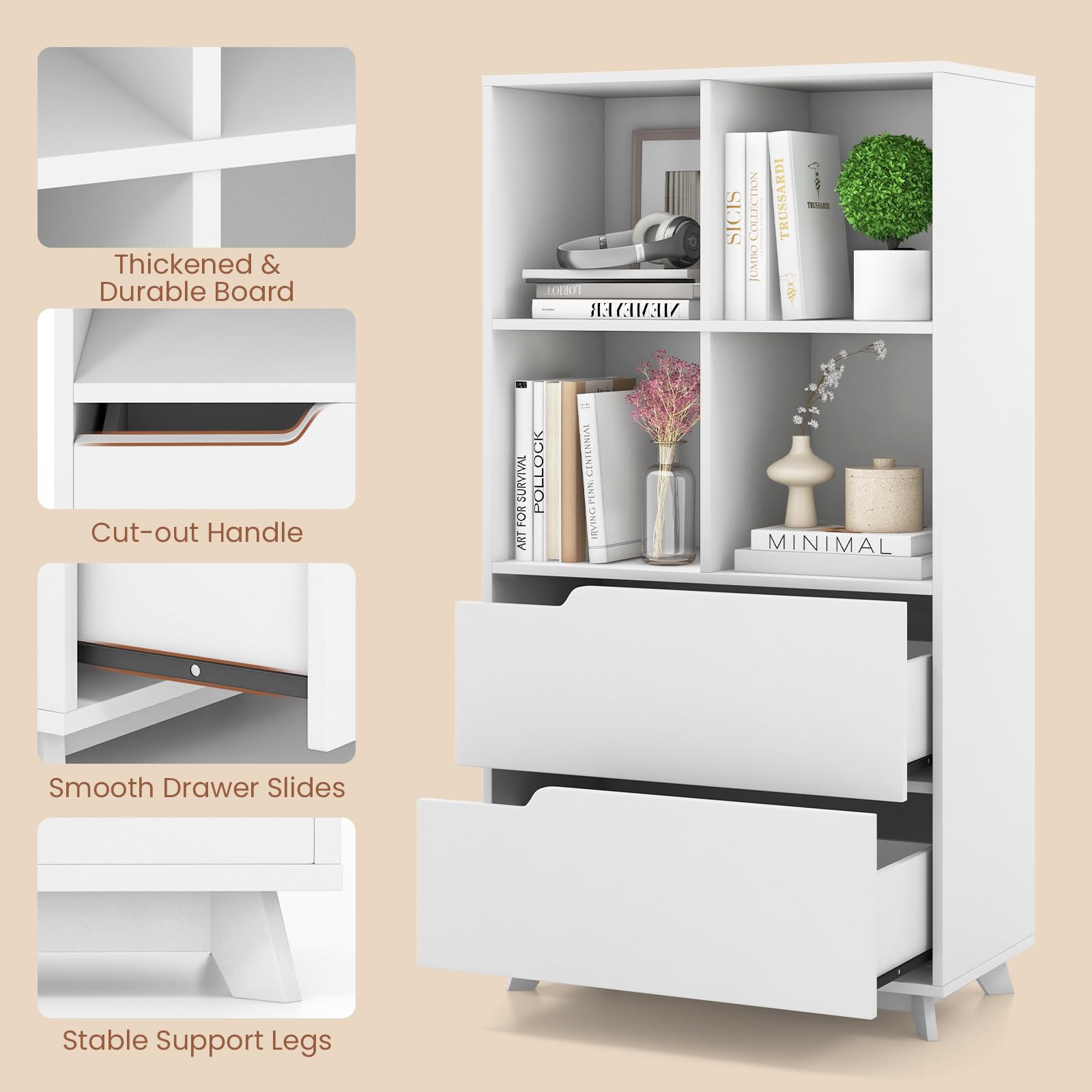 51" Tall Bookcase with 2 Drawers, 4-Tier Open Bookshelf