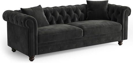 Chesterfield Sofa, 82 Inch Black Velvet Couch with Rolled Arms