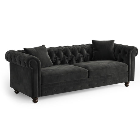 Chesterfield Sofa, 82 Inch Black Velvet Couch with Rolled Arms