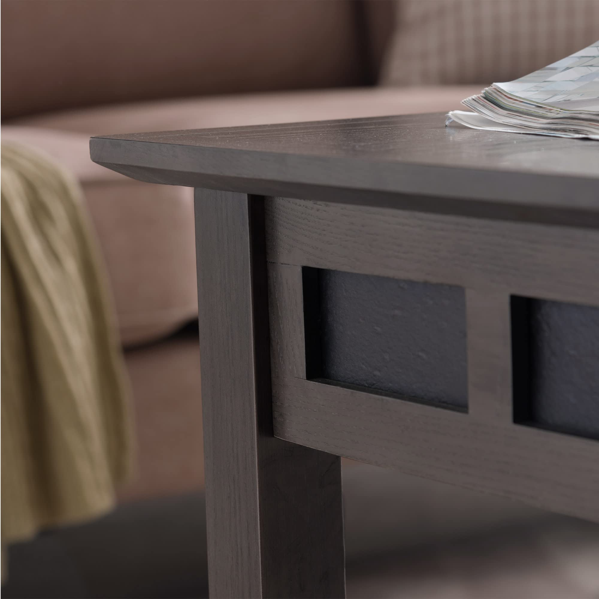 10058-GR Rustic Coffee Table with Shelf, Smoke Gray/Black Slate Stone