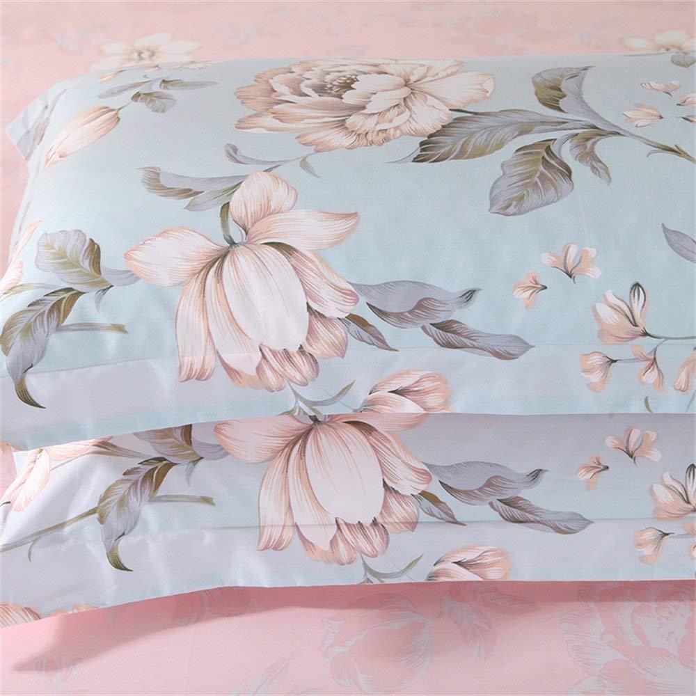 Shabby Pink Blue Floral Bedding Sets Cotton Duvet Cover Set 4-Piece Queen Size