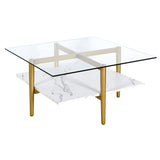 32" Wide Square Coffee Table with Faux Marble Shelf in Brass