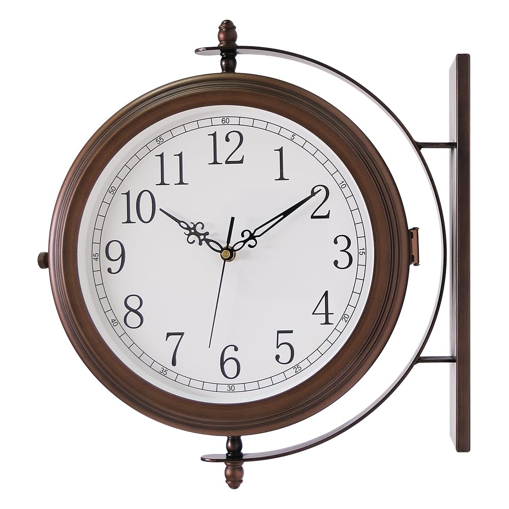 66264A 16-Inch Double Sided Metal Wall Clock with Antique Red Copper.Sturdy Frame