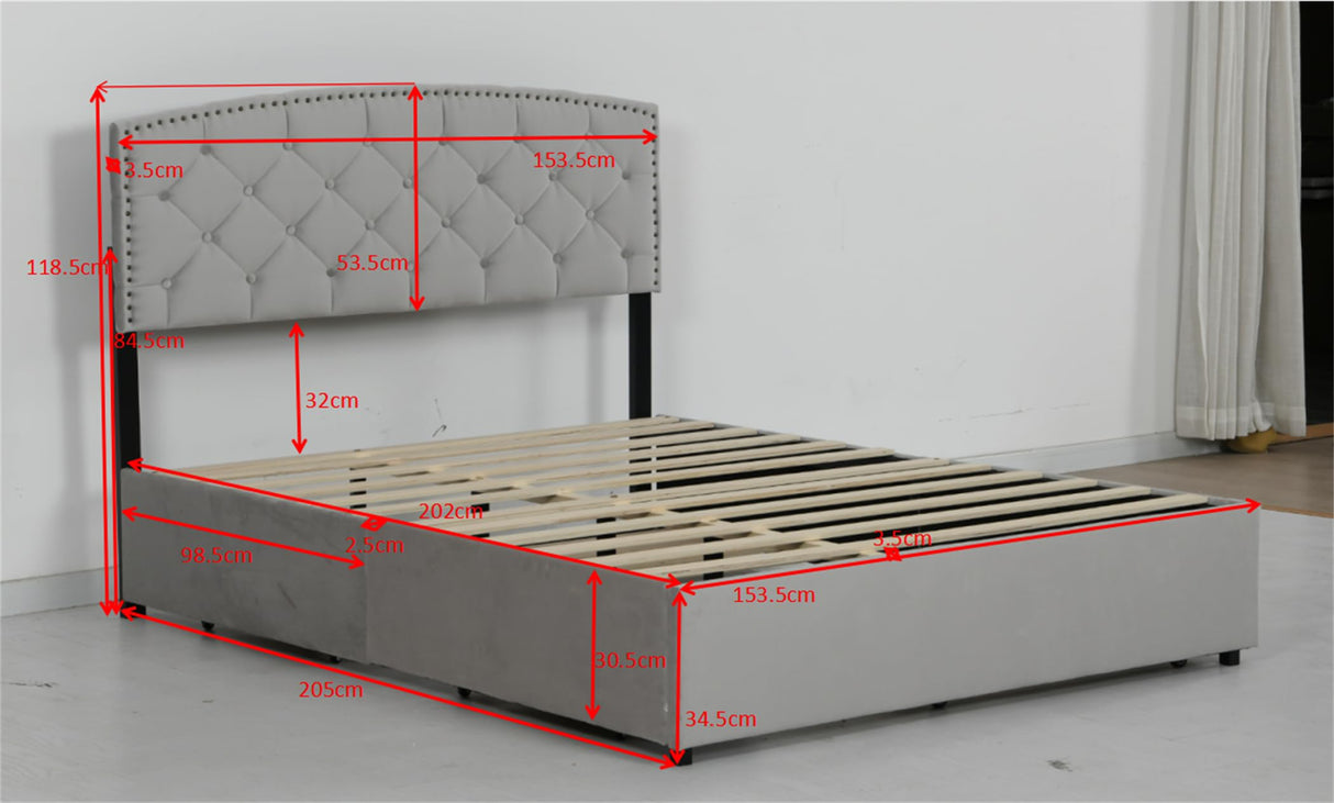 Plush Velvet Upholstered Platform Bed Frame with 2 Big Drawers Trundle for Kids Teens