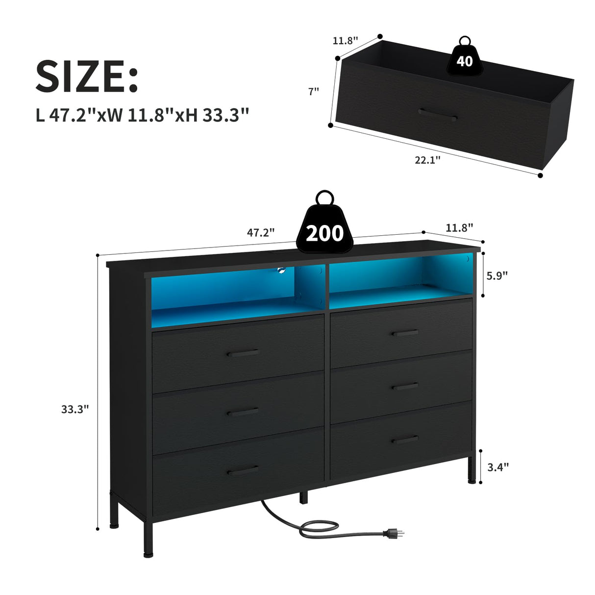 Dresser for bedroom, Black Bedroom Dresser with LED Lights and Charging Station