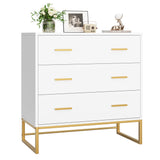 White Dresser with 3 Drawers, White Gold Dresser with Metal Handle and Frame