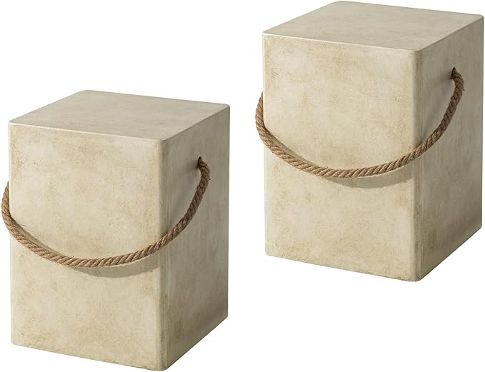 Outdoor Shaped Side Table with Concrete Top & Hemp Rope Handles, 17'' Patio Accent Table
