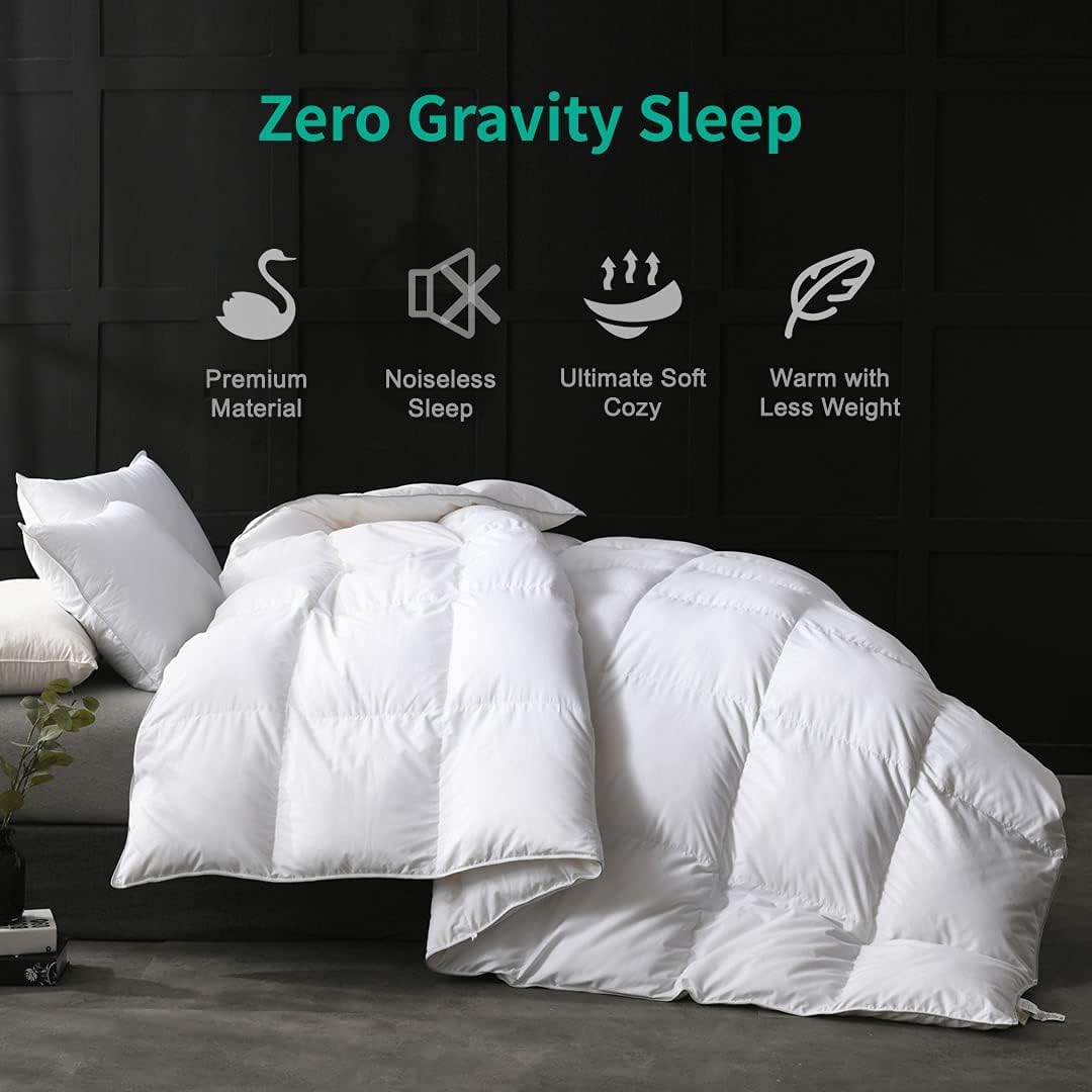 APSMILE Goose Feathers Down Comforter Queen Size, Hotel Collection All Season Duvet Insert, 750 Fill-Power, Ultra-Soft Fluffy Medium Warmth, Baffle Box Quilted with Corner Tabs (90x90, White)