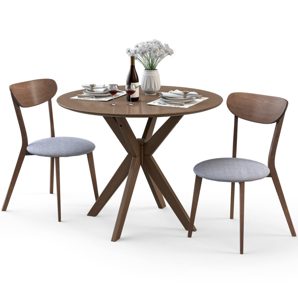 3-Piece Dining Table and Chair Set, Wooden Kitchen Table Set, Farmhouse Round Kitchen Table and 2 Cushioned Dinette Chairs,