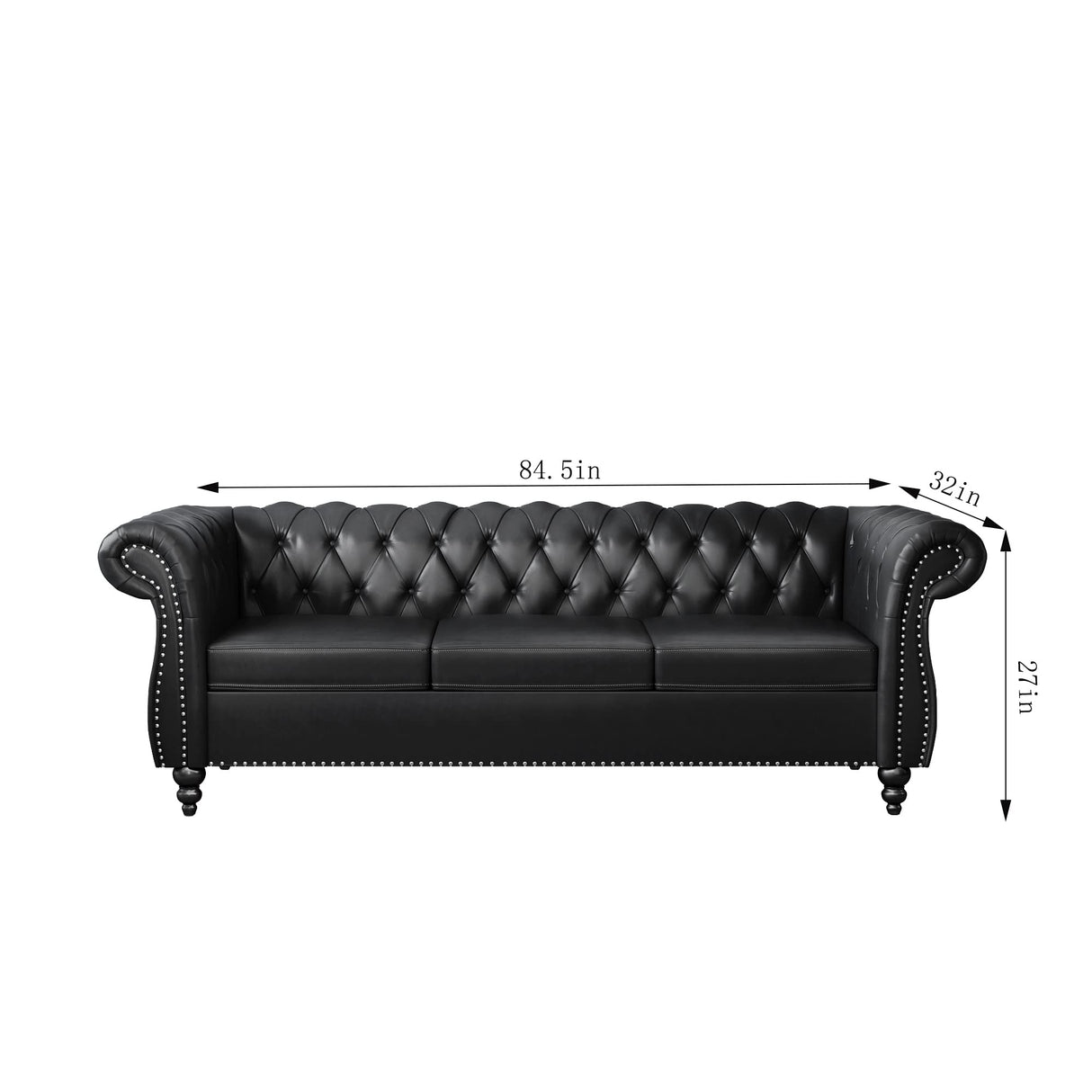 Leather Sofa 3 Seater Couch, Large Sofa Furniture Roll Arm Classic Tufted Chesterfield