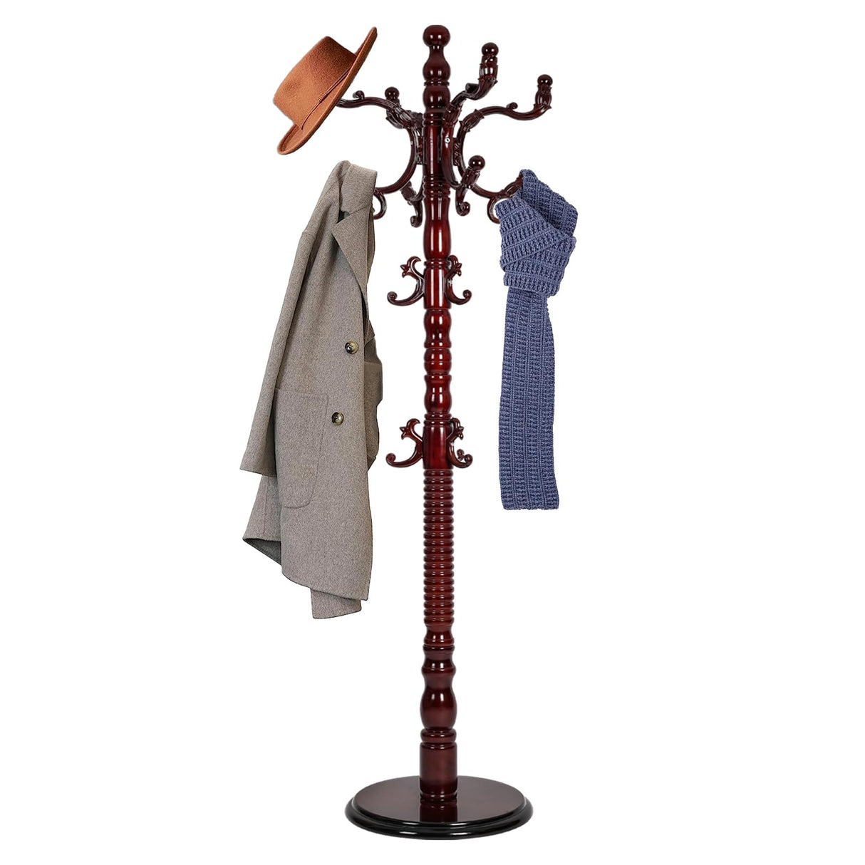 73 in Wood Coat Rack, Coat Rack Freestanding with Stable Round Base, Adjustable Height Tree Coat Rack Stand