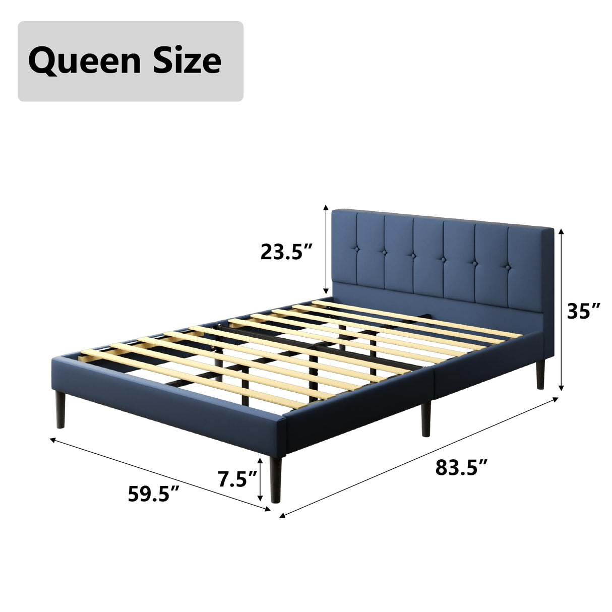 Queen Size Bed Frame with Headboard, Upholstered Bed Frame with Wood Slats Support and Button Stitched Headboard,