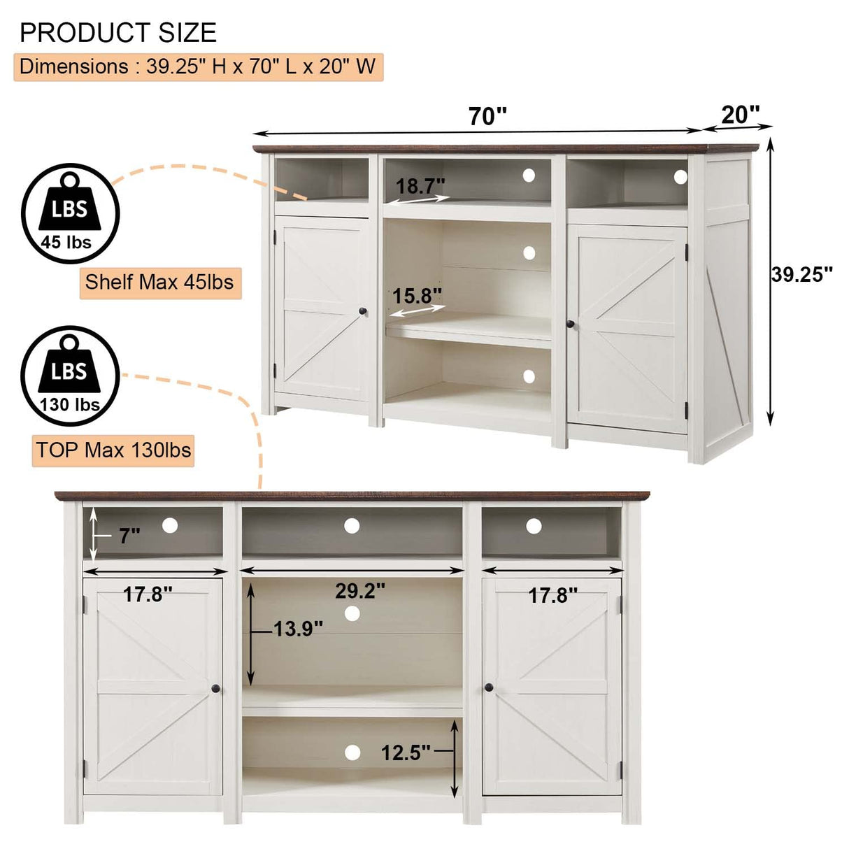 Farmhouse TV Stand for TVs Up to 80 inches, 39" Tall Highboy Entertainment Center