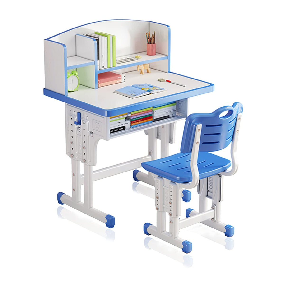 WGLAWL Kids' Study Desk Chair Sets, Blue, Adjustable Height, Ergonomic Design, with Large Storage Drawer and Bookshelf, Suitable for Ages 3-18