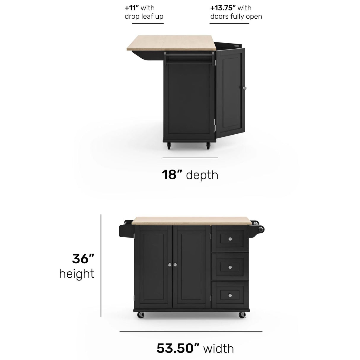 Dolly Madison Kitchen Cart with Wood Top and Drop Leaf Breakfast Bar