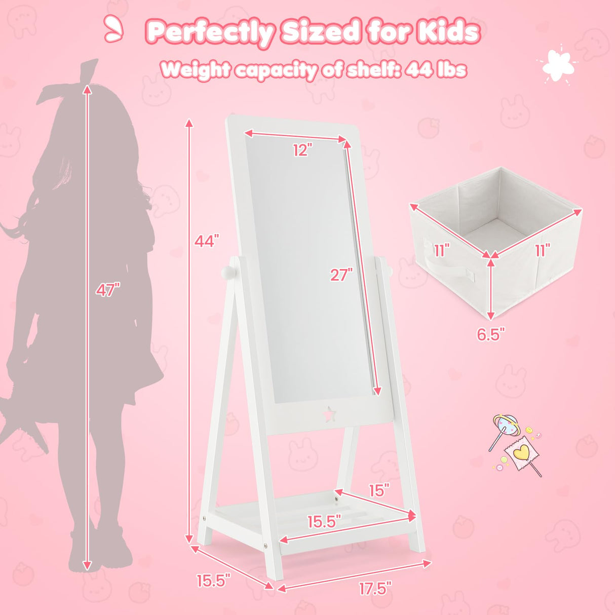 Kids Full Length Mirror, Princess Floor Free Standing Mirror w/Storage Shelf & Basket