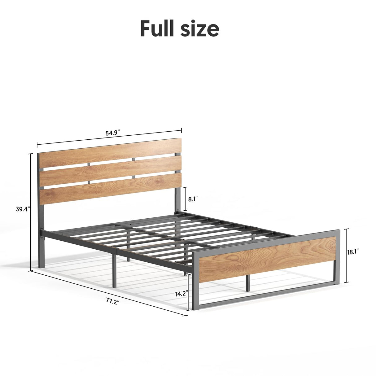 Full Size Bed Frame Steady Steel Platform with Wood Headboard/Footboard