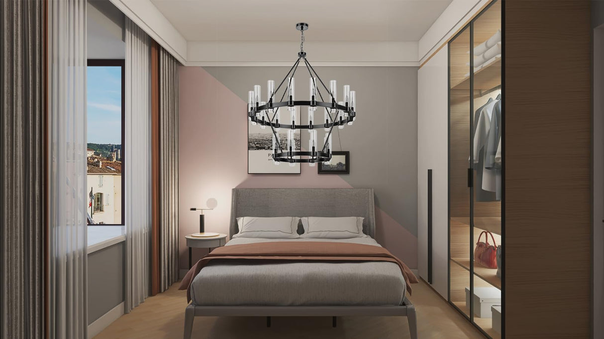 24-Lights Black Wagon Wheel Chandelier Modern Farmhouse with Glass Shade