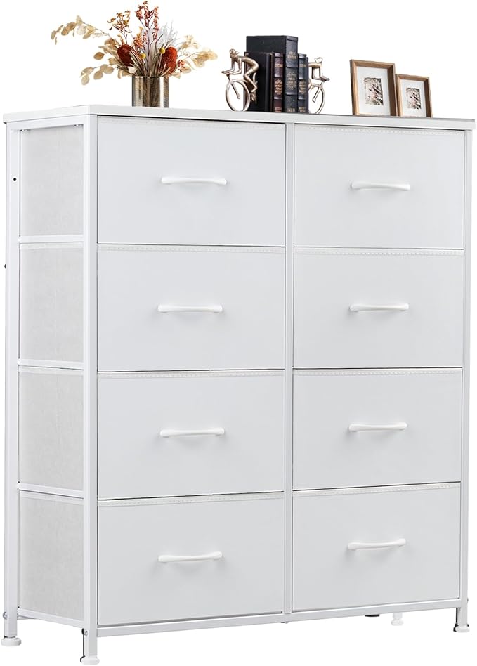 Dresser for Bedroom, Tall Dresser with 8 Drawers, Storage Tower with Fabric Bins, Double