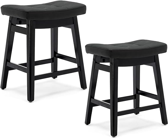 24 Inch Bar Stools Counter Height Set of 2 Solid Wood Legs PU Leather Saddle Soft