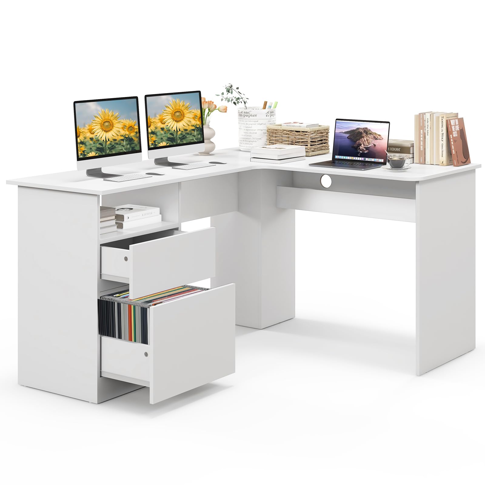 L-Shaped Desk, 59" Corner Computer Desk with File Drawer & Open Shelf