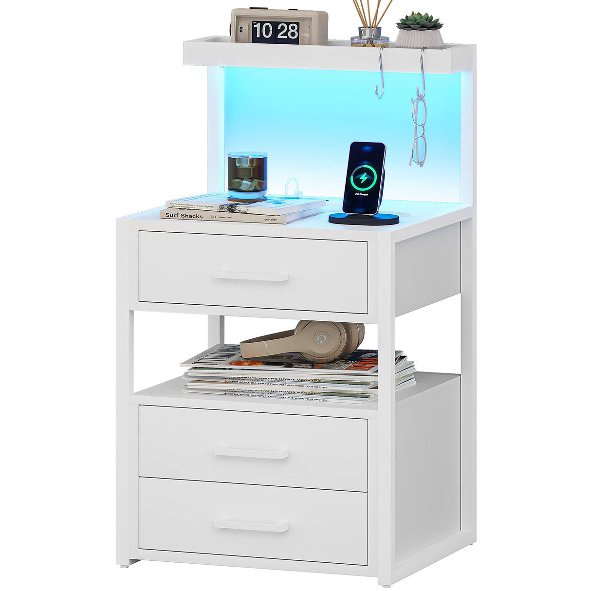 with Charging Station and LED Lights, LED Night Stand with 2 USB Ports and 2 AC Outlets, Modern End Table with 3 Drawers, Bedside Table with Open Storage for Bedroom, White