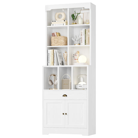 80” Tall Bookshelf with Drawer and Cabinet Storage, 6 Tier Bookcase with Adjustable Shelf