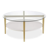 Otto 36'' Wide Round Coffee Table with MDF Shelf in Brass/White Lacquer