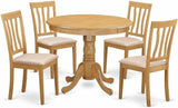 Antique 5 Piece Room Set Includes a Round Wooden Table with Pedestal and 4 Linen Fabric Kitchen Dining Chairs,