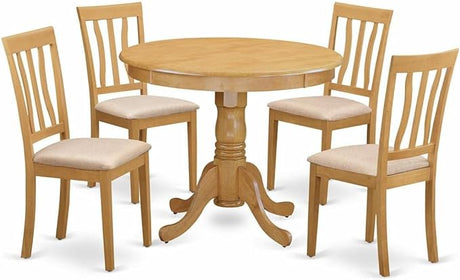 Antique 5 Piece Room Set Includes a Round Wooden Table with Pedestal and 4 Linen Fabric Kitchen Dining Chairs,