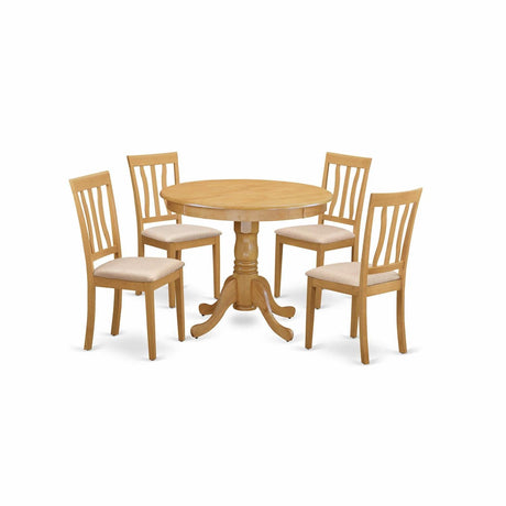 Antique 5 Piece Room Set Includes a Round Wooden Table with Pedestal and 4 Linen Fabric Kitchen Dining Chairs,