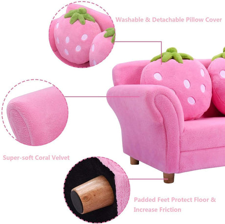 toddler Couch with Two Strawberry Pillows, Children Upholstered Loveseat Lounge Bed,