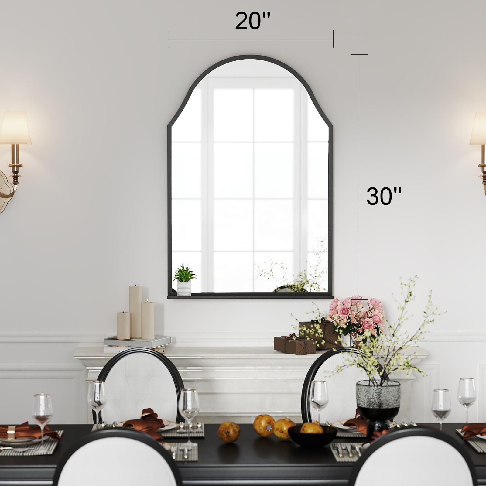 30x20 Black Arch Mirror with Shelf - Matte Metal Frame Wall Mirror
