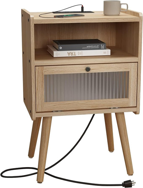 Century Modern Nightstand with Charging Station, Bedside Tables with Glass Decorative Door,