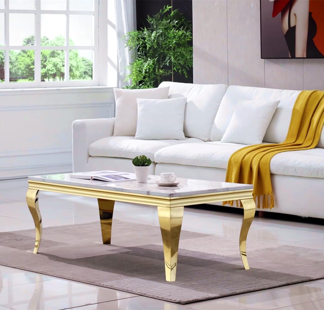 47 inch White Marble Coffee Table with Mirrored Stainless Steel Metal Legs